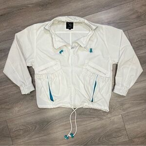 Collared 90's Street Jacket White & Teal Cinch Waist Large Pocket Women's Medium